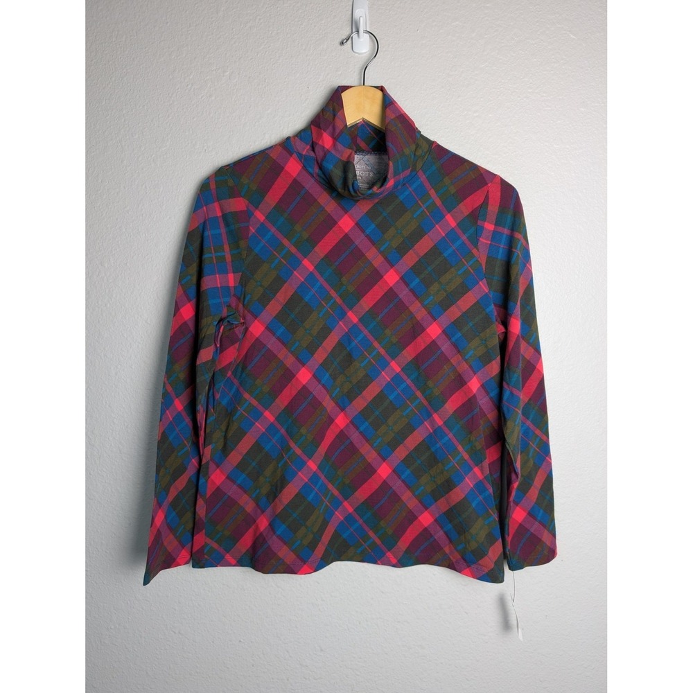Talbots T-Shirt Womens Petite L Multicolor‎ Plaid Turtleneck Stretch Jersey